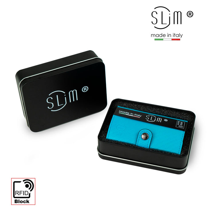 Porta Carte Vera Pelle Carbon Style Azzurro con zip