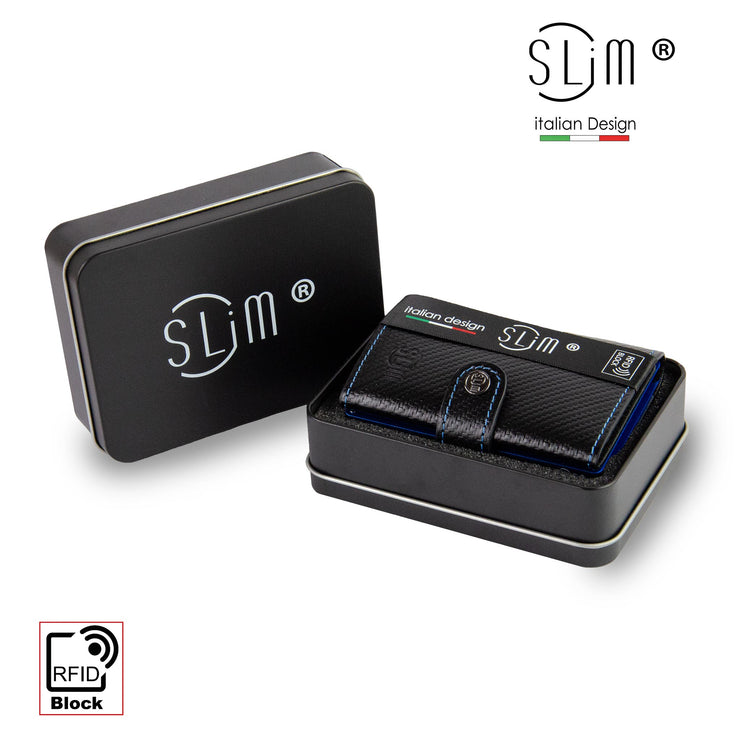 SLim®️ carbon style genuine leather wallet black/blue with zip