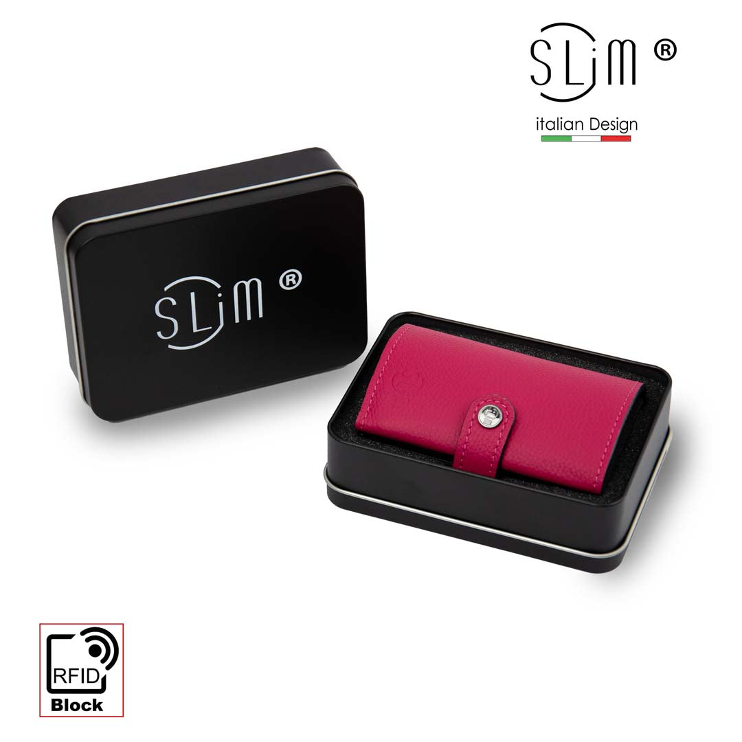 Porta Carte Vera Pelle Bottalato Fucsia con zip porta monete