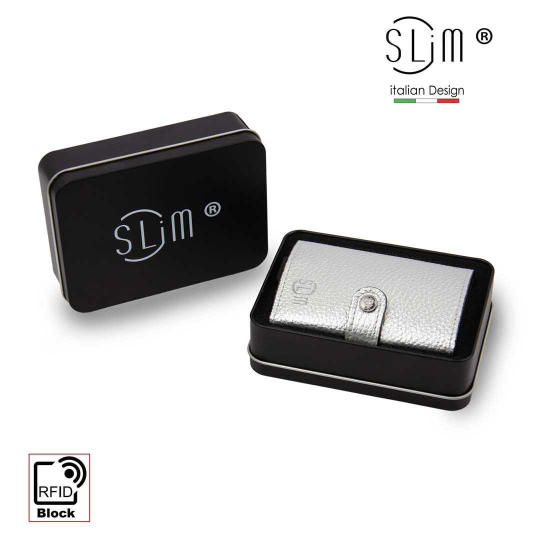 Porta Carte Vera Pelle Bottalato Metal Argento con zip porta monete