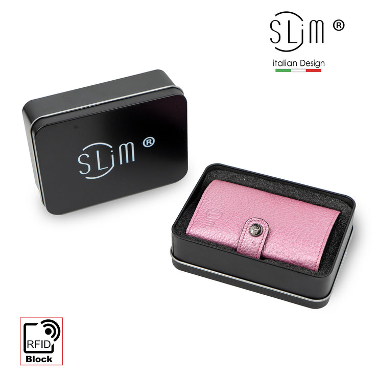 Porta Carte Vera Pelle Bottalato Metal Rosa