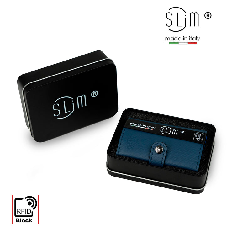 Porta Carte Vera Pelle Carbon Style Blu con zip