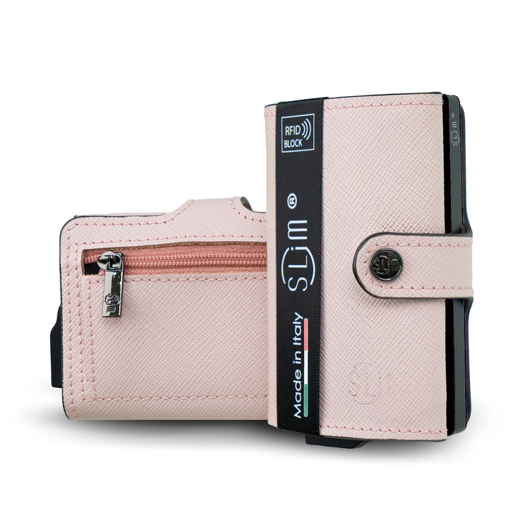 Porta Carte Vera Pelle Saffiano Anti Graffio Rosa con Zip