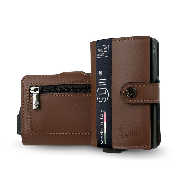 Portacarte Vera Pelle marrone con zip