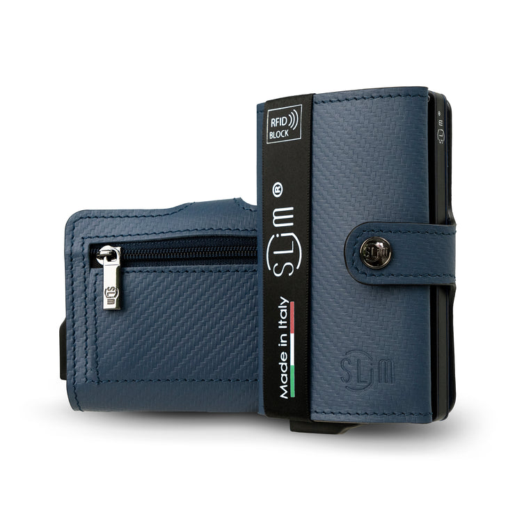 Porta Carte Vera Pelle Carbon Style Blu con zip