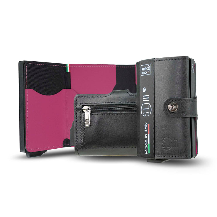 Porta Carte Vera Pelle Nero Fucsia con zip porta monete