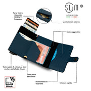 Porta Carte Vera Pelle Carbon Style Blu con zip