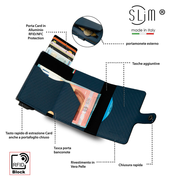 Porta Carte Vera Pelle Carbon Style Blu con zip