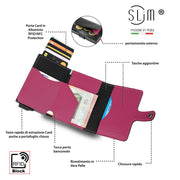 Porta Carte Vera Pelle Nero Fucsia con zip porta monete