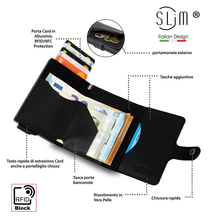 Porta Carte Vera Pelle Tejus-S Nero Con Zip