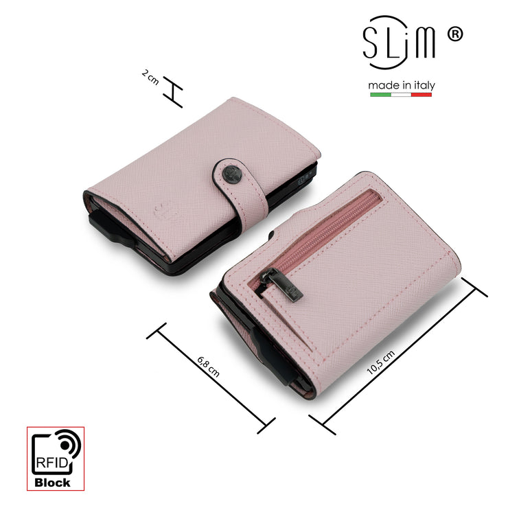 Porta Carte Vera Pelle Saffiano Anti Graffio Rosa con Zip