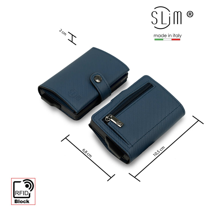 Porta Carte Vera Pelle Carbon Style Blu con zip