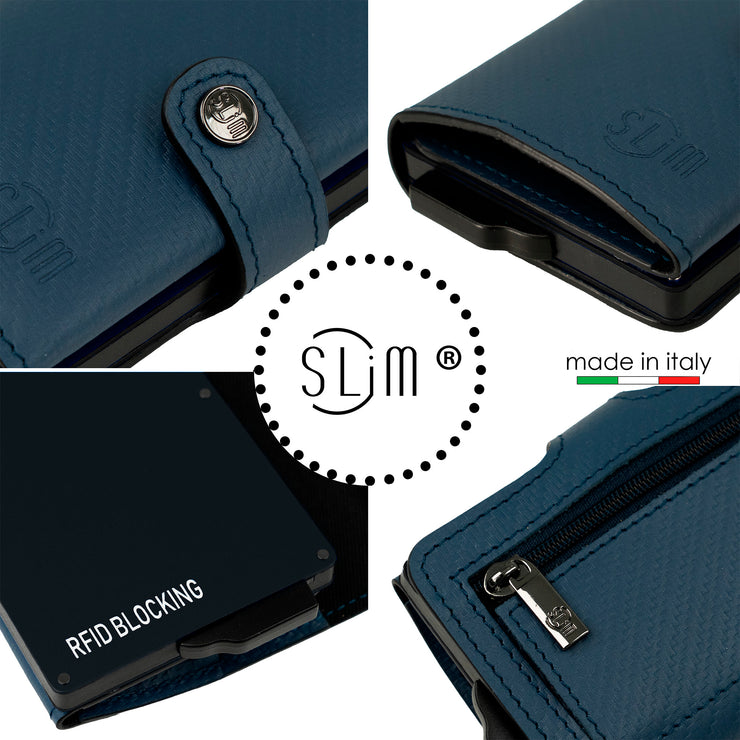 Porta Carte Vera Pelle Carbon Style Blu con zip