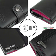 Porta Carte Vera Pelle Nero Fucsia con zip porta monete