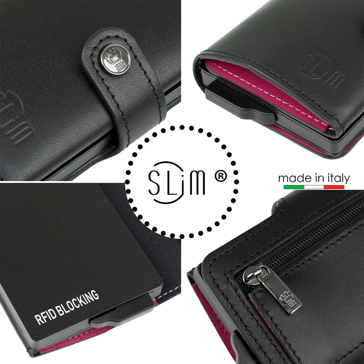 Porta Carte Vera Pelle Nero Fucsia con zip porta monete
