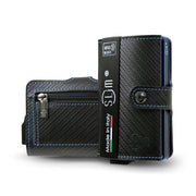 Porta Carte Vera Pelle Carbon Style con Cassa e Cuciture Blu