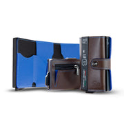 Porta Carte Vera Pelle Marrone Blu Cuciture e Cassa Blu con zip