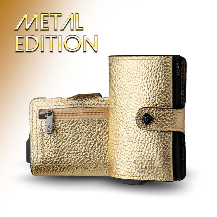 Porta Carte Vera Pelle Bottalato Metal Oro con zip porta monete