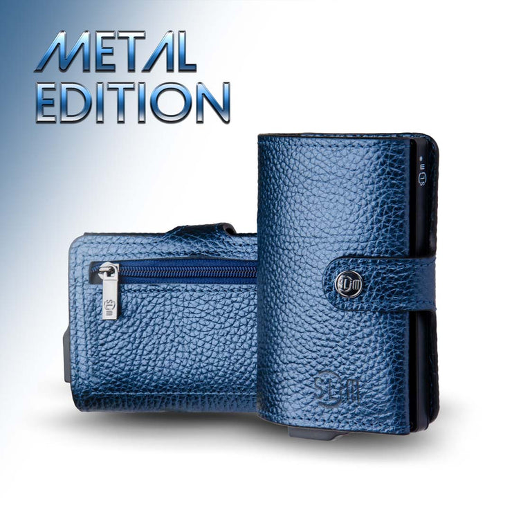 Porta Carte Vera Pelle Bottalato Metal Blu con zip porta monete
