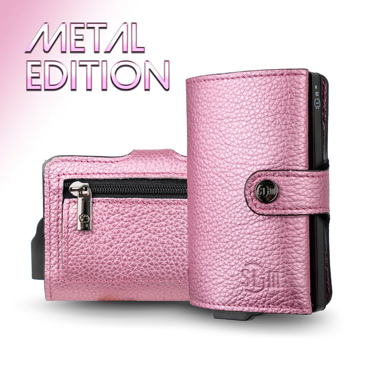 Porta Carte Vera Pelle Bottalato Metal Rosa
