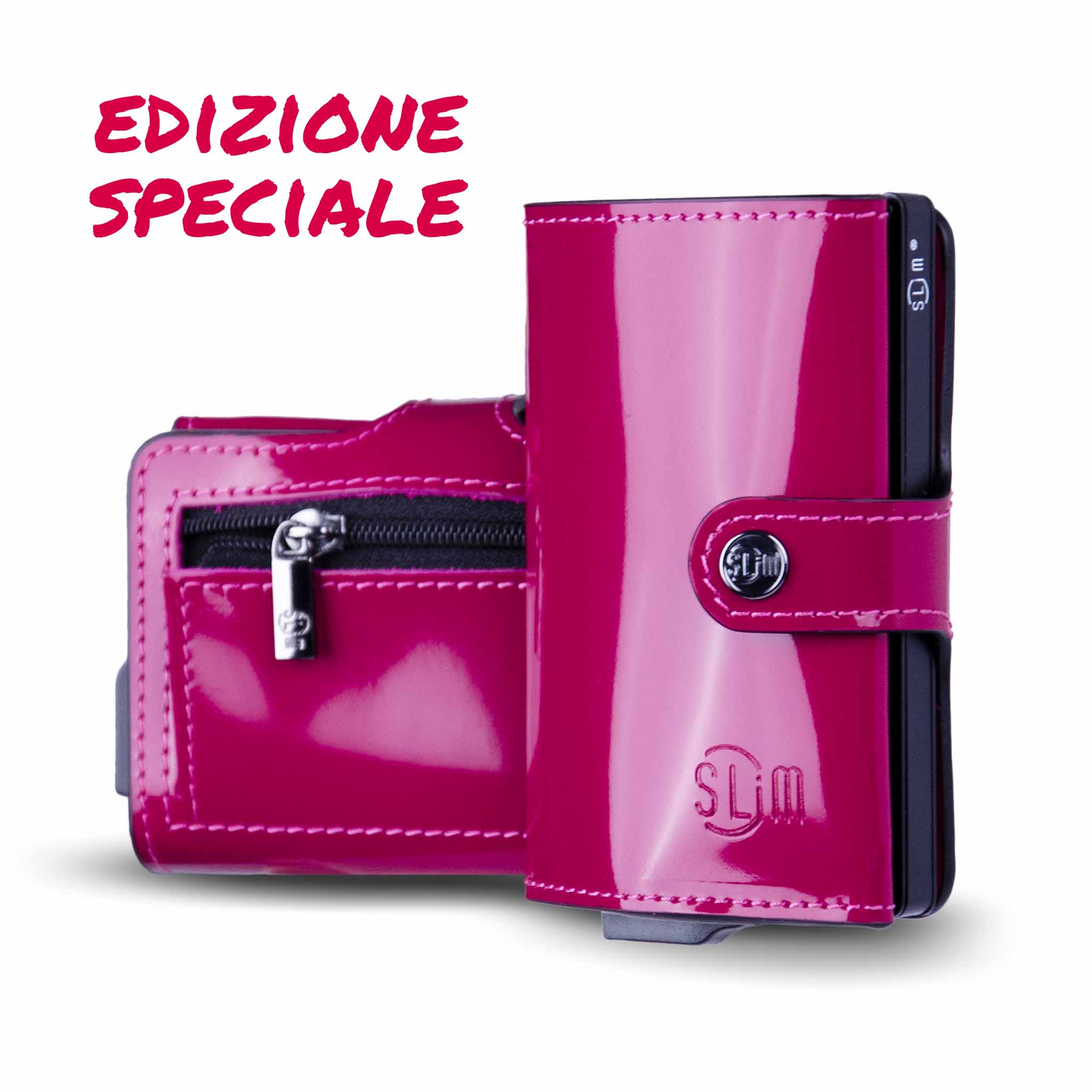 Porta Carte Vera Pelle Specchio Fucsia con Zip