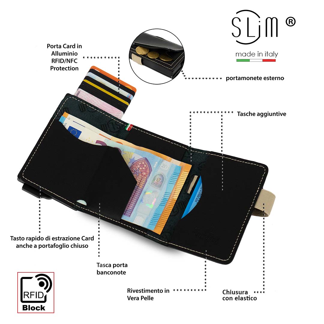 Porta Carte Vera Pelle Nero con Elastico Beige Zip porta monete SLim