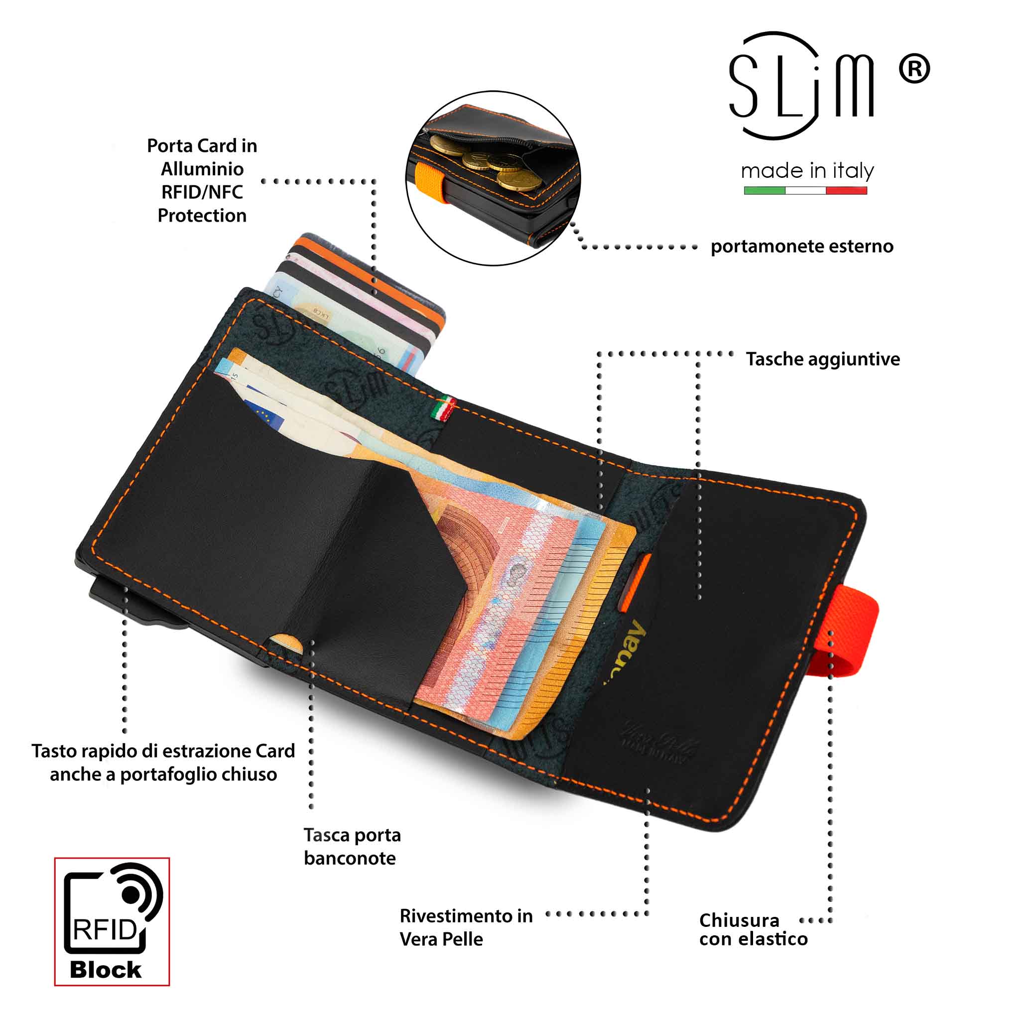 Porta Carte Vera Pelle Nero con Elastico Arancio e Zip porta monete