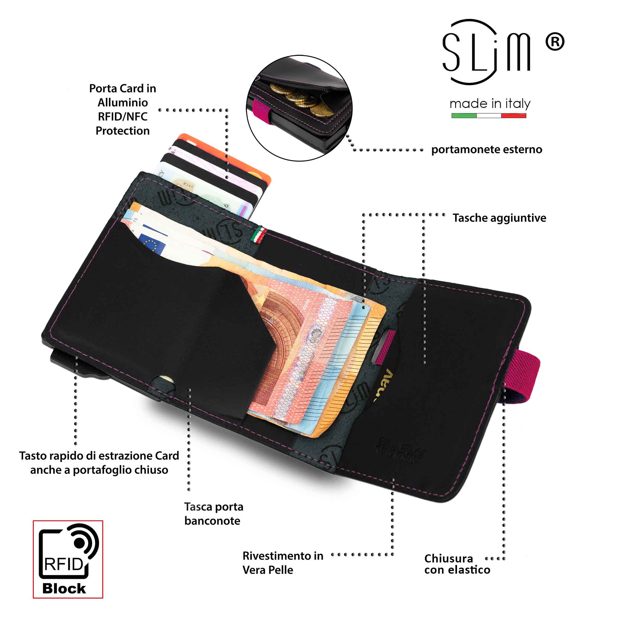Porta Carte Vera Pelle Nero con Elastico Fucsia e Zip porta monete