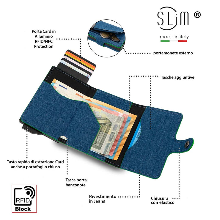 Porta Carte Jeans Bordino Verde con zip porta monete