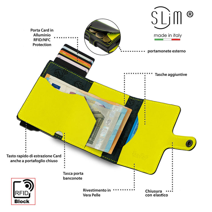 Porta Carte Vera Pelle Nero e Lime con zip porta monete