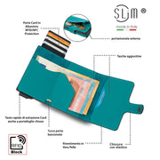 Porta Carte Vera Pelle Turchese con zip porta monete