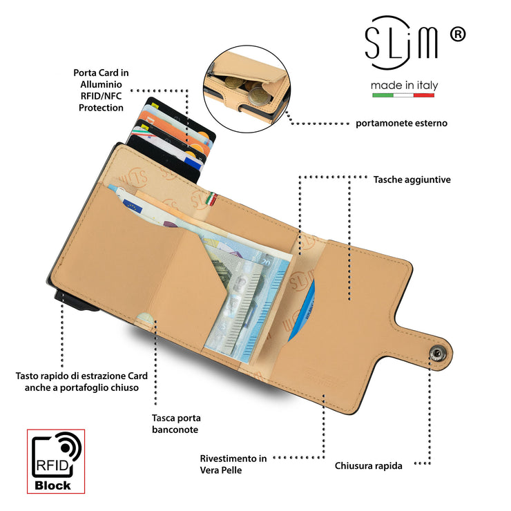 Porta Carte Vera Pelle Natural Zip