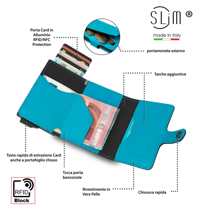 Porta Carte Vera Pelle Carbon Style Azzurro con zip