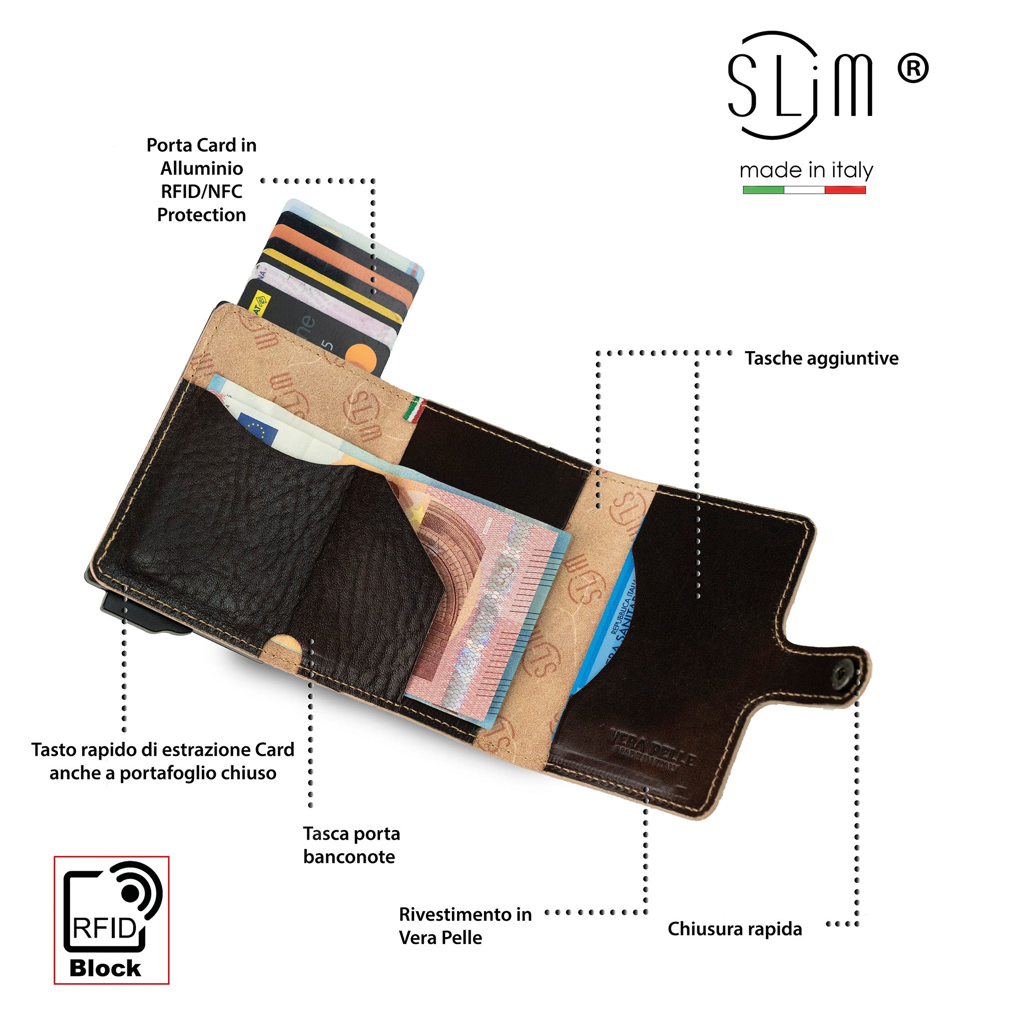 Porta Carte Vera Pelle Concia Al Vegetale Testa di moro con Zip