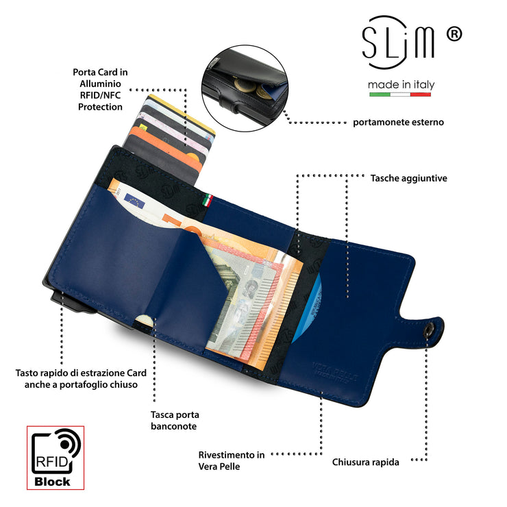 Porta Carte Vera Pelle Nero Blu con zip porta monete