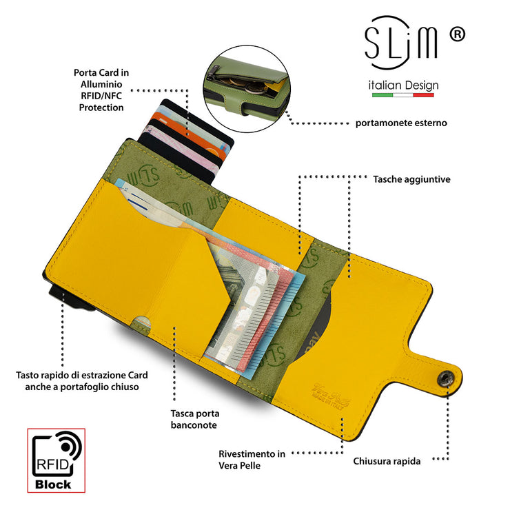 Porta carte Vera Pelle Verde Pistacchio-Giallo con zip porta-monete