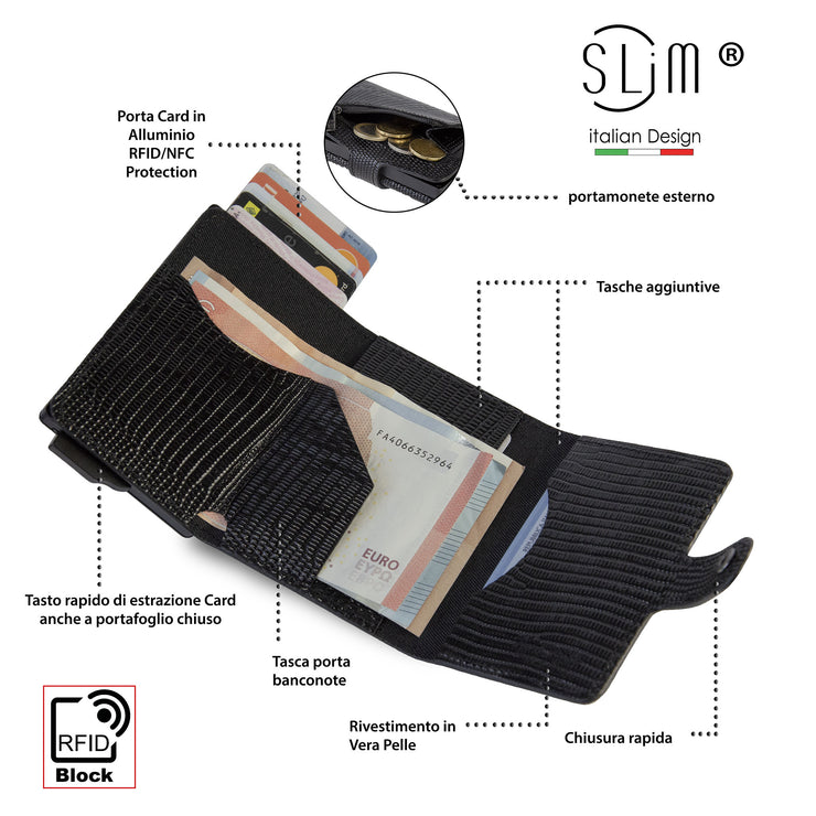 Porta Carte Vera Pelle Tejus-S Nero Con Zip