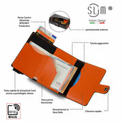 Porta Carte Vera Pelle Carbon Style Nero/Arancio con zip