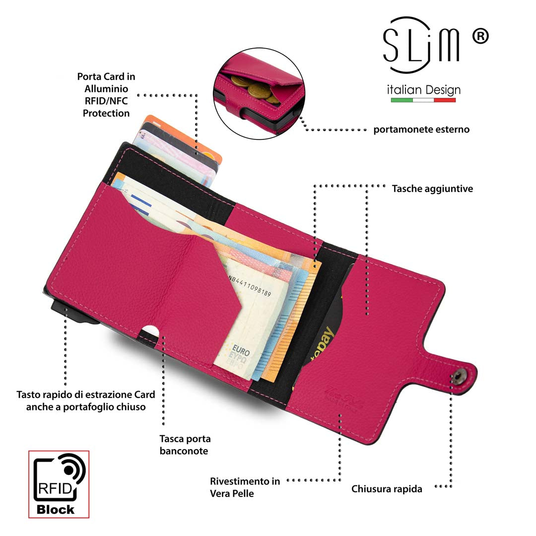 Porta Carte Vera Pelle Bottalato Fucsia con zip porta monete
