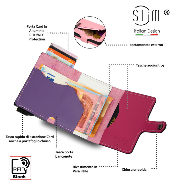 SLim®️ genuine leather wallet pink multicolor with coin pocket and zip