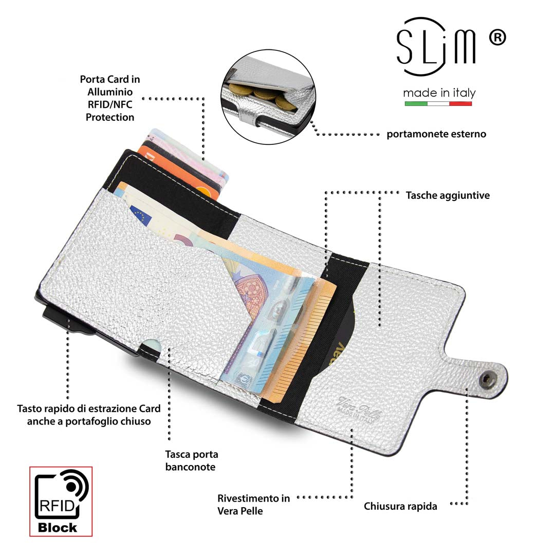 Porta Carte Vera Pelle Bottalato Metal Argento con zip porta monete