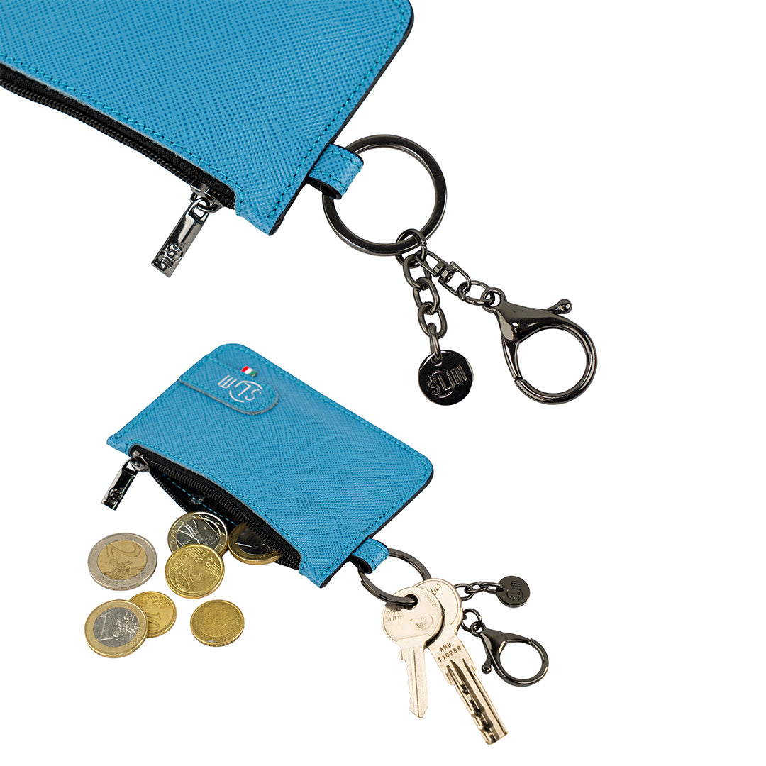 Portachiavi-Portamonete SLim®️ Vera Pelle Saffiano Azzurro