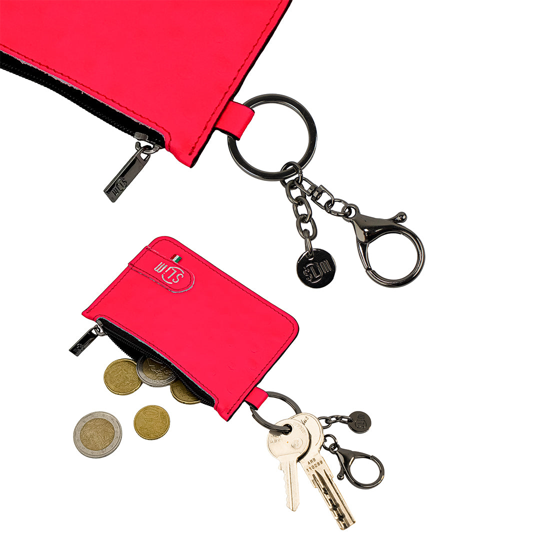 Portachiavi-Portamonete SLim®️ Vera Pelle Struzzo Fucsia Fluo