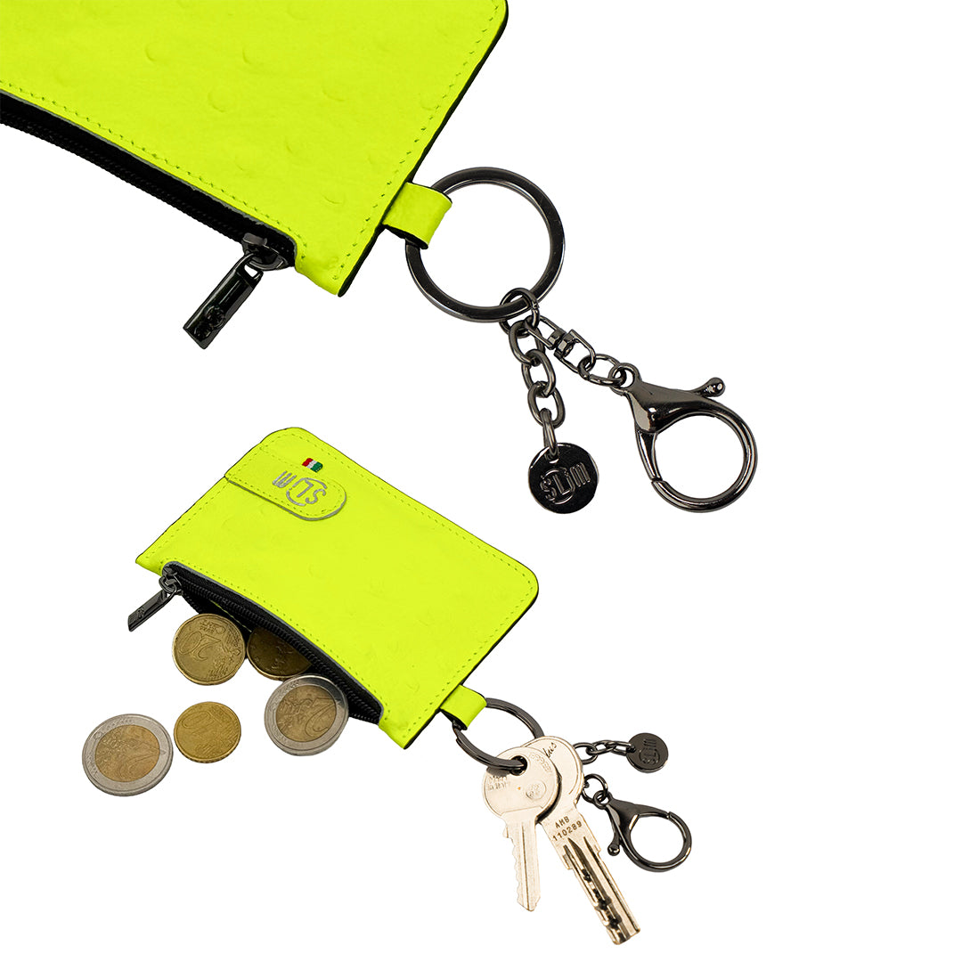 Portachiavi-Portamonete SLim®️ Vera Pelle Struzzo Giallo Fluo