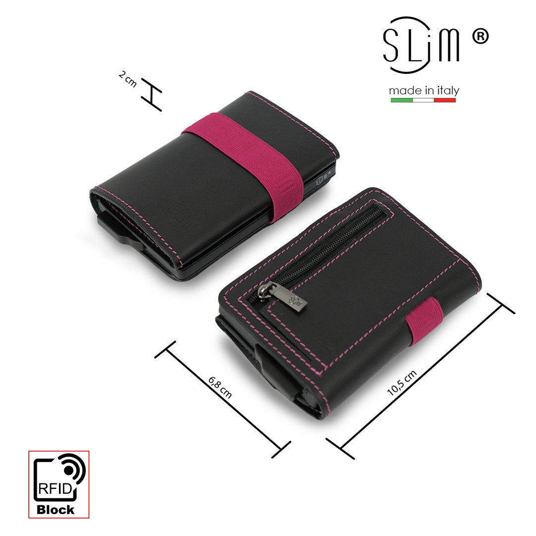 Portafoglio In Pelle Sottile Uomo Donna - Nero, 12x9x0.7 Cm, 8 Slot Per Carte + Tasca Con Cerniera, Design Minimal