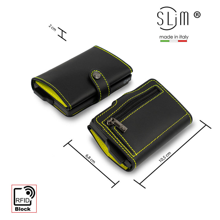 Porta Carte Vera Pelle Nero e Lime con zip porta monete