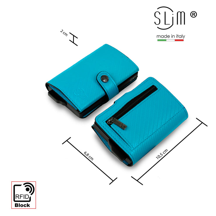 Porta Carte Vera Pelle Carbon Style Azzurro con zip