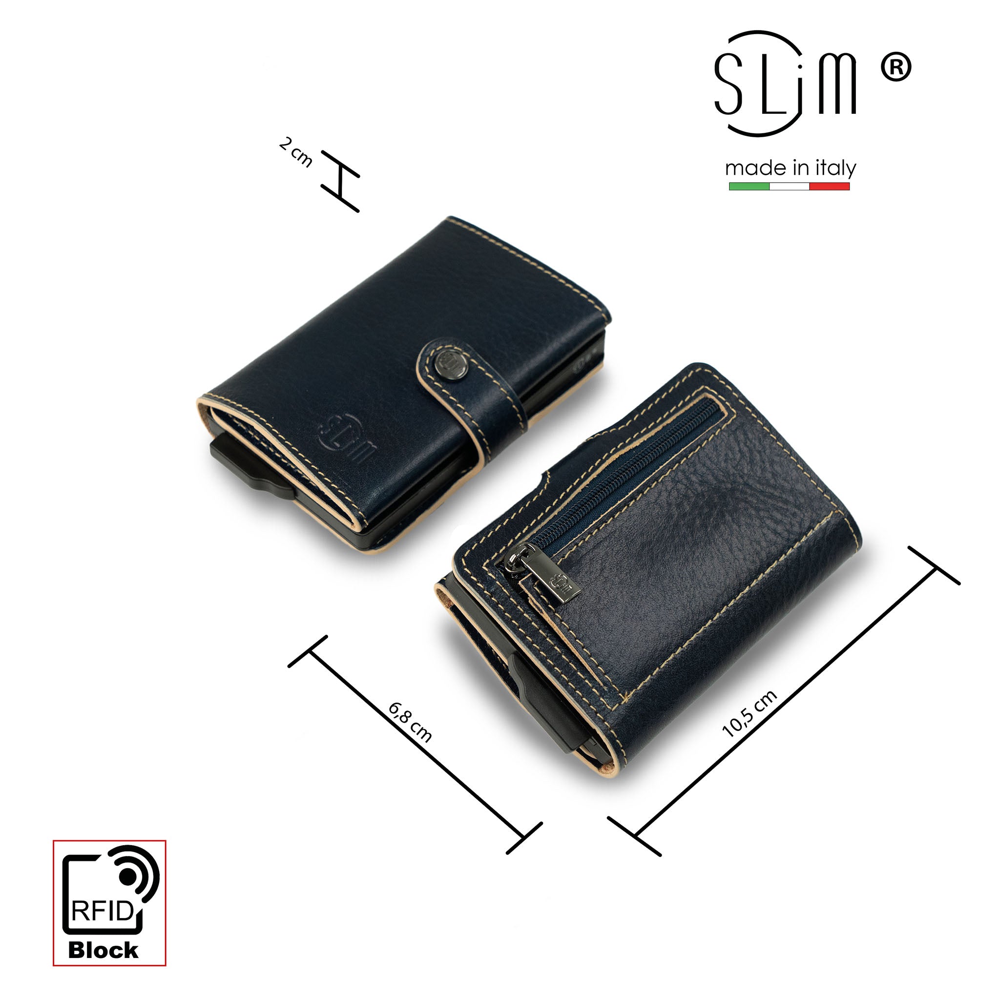Porta Carte Vera Pelle Concia Al Vegetale Blu Zip