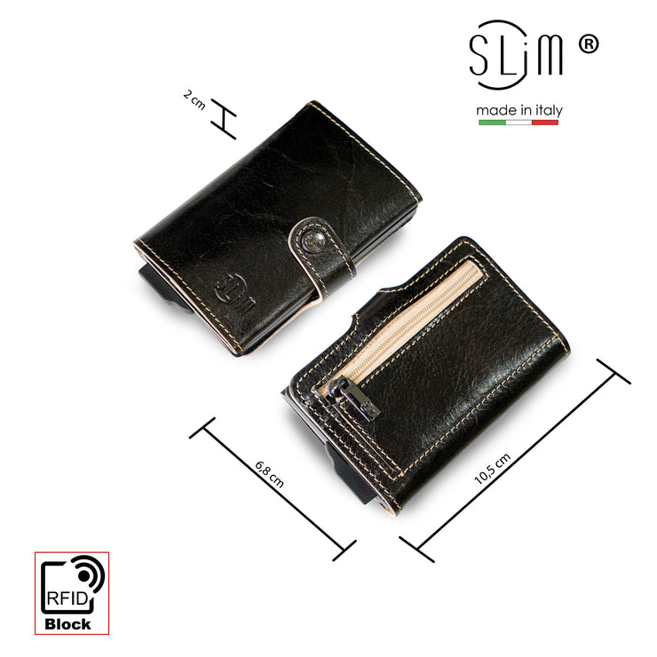 Porta Carte Vera Pelle Concia Al Vegetale Testa di moro con Zip