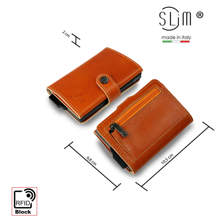 Porta Carte Vera Pelle Concia Al Vegetale Arancio Zip